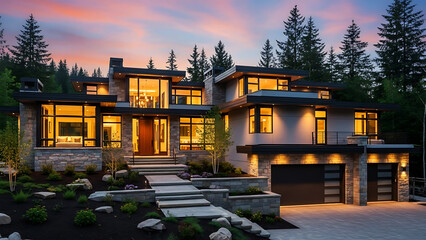 Luxurious modern house with beautiful garden and garage at dusk