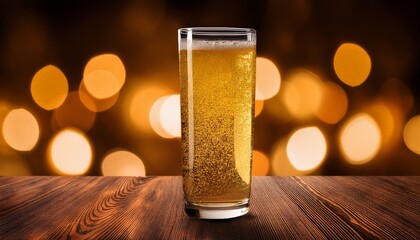 A Tall Glass Filled With Fizzy Golden Beverage Sits On A Wooden Surface With A Blurred Backdrop Of Glowing Lights Creating A Warm Inviting Ambiance