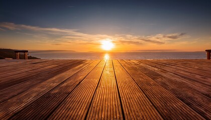 A Wooden Deck Stretches Toward The Horizon Bathed In Warm Sunset Light With A Soft Glow
