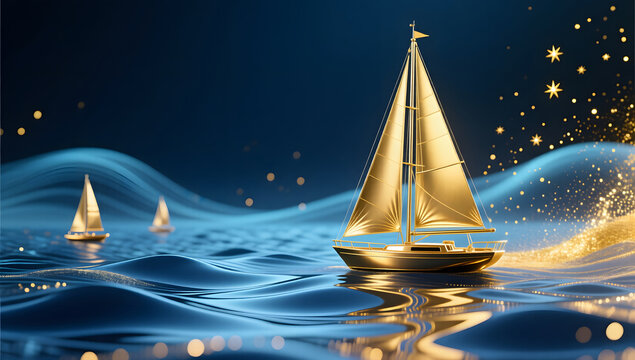 Modern business golden sailboat sailing on a dreamy sea