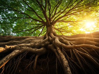 Majestic tree with exposed roots and vibrant leaves under bright sunlight