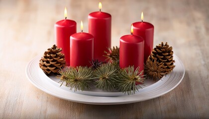 A White Plate With Four Red Candles And Pine Cones On It