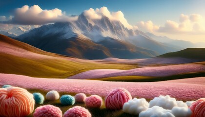 The Landscape Of Mountains Plains And Flowers Made Of Wool And Cotton Candy Wool Ai Image Digital Art