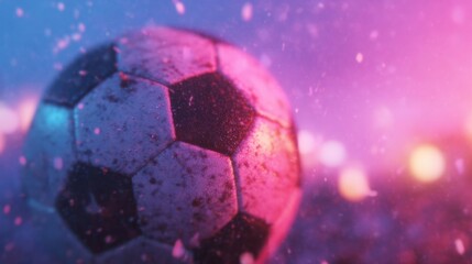A soccer ball sits on the ground, covered in dirt, with bright colors and light effects surrounding it.