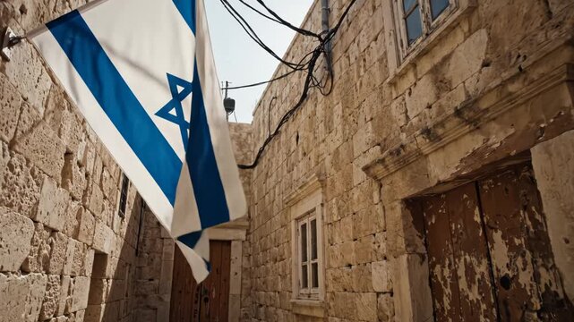 Israeli flag on stone building