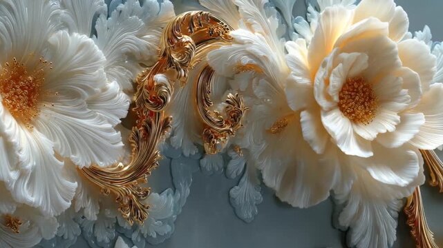 Close up of decorative floral elements with gold accents in bright sunlight