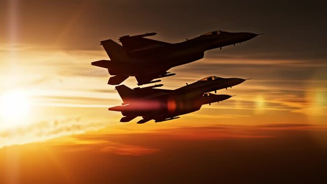 Three fighter jets in formation at sunset