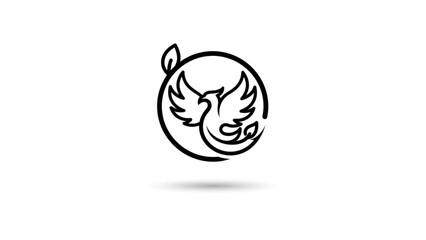 A minimalist black and white vector graphic of a dove in flight within a circular design
