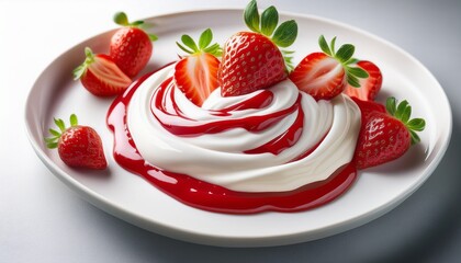 Creamy Yogurt Swirl With Fresh Strawberries And Sweet Strawberry Sauce On White Dish