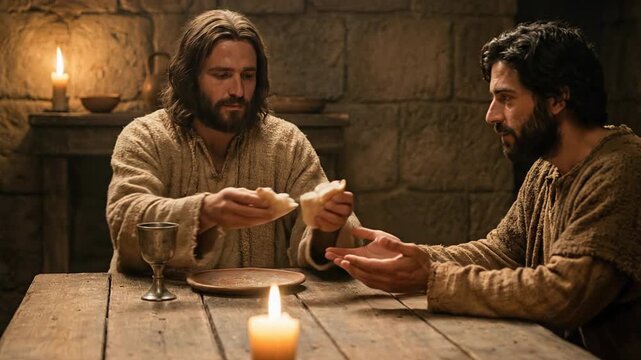 Jesus Christ Breaking Bread at Wooden Table with Disciple Revealing Identity during Supper   Depicting Resurrection Appearance in New Testament Biblical Religious History Scene