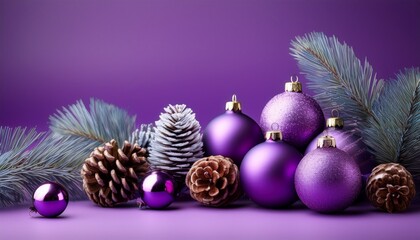 Purple Christmas Ornaments And Pine Cones On Purple Background