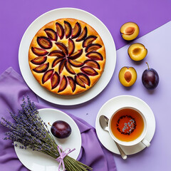 Delicious plum cake with tea and fresh plums on purple background
