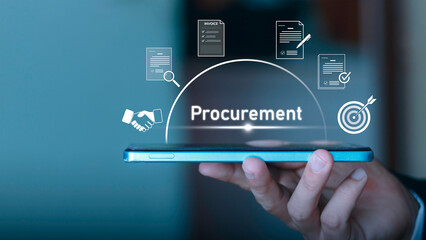 The digital procurement process on smartphones, agreements, invoices, and contracts. Online agreements used to achieve the goals. The concept of digital contract approval.
