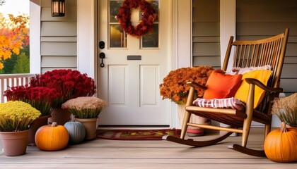 Inviting Porch With Wooden Rocking Chair And Colorful Fall Decor