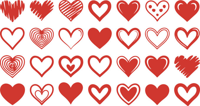 Red heart set. Collection of heart icon hand drawn vector for love logo, heart symbol, doodle icon, greeting card and Valentine's Day. Painted grunge vector shape	