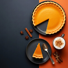 Delicious pumpkin pie with coffee and spices on dark background