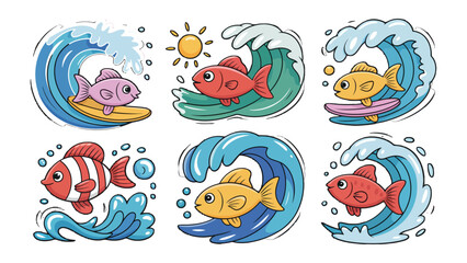 Fototapeta premium Ocean's playful life : A series of cute illustrated fish each showcasing their unique surfing and underwater adventures within the vastness of the sea.