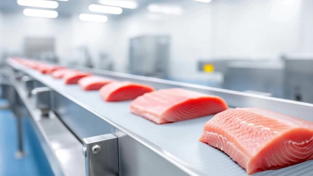 Freshly cut salmon fillets on a conveyor belt in a modern seafood processing facility.