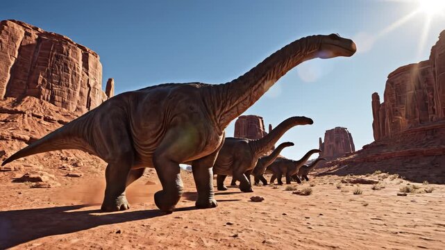 Dinosaurs in desert landscape