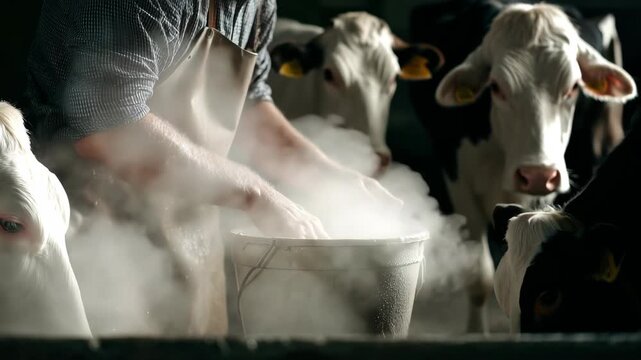 Farmer stirring milk in a bucket surrounded by dairy cows