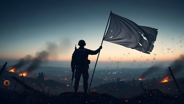 Soldier holding flag in a war-torn landscape at sunset