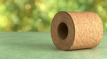 A brown paper roll rests on a green surface. The background is blurred with green shapes. The setting shows a simple scene focused on the paper.