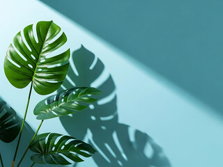 Beautiful monstera plant leaves casting shadow on the blue wall