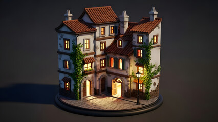 a small white building with red roofs and green trees on a circular base with lit windows and doors at night time high quality professional detailed