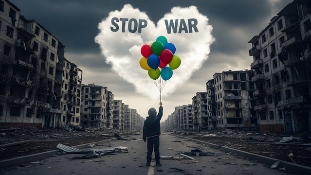 Child holding colorful balloons in war-torn cityscape with stop war message - Powered by Adobe