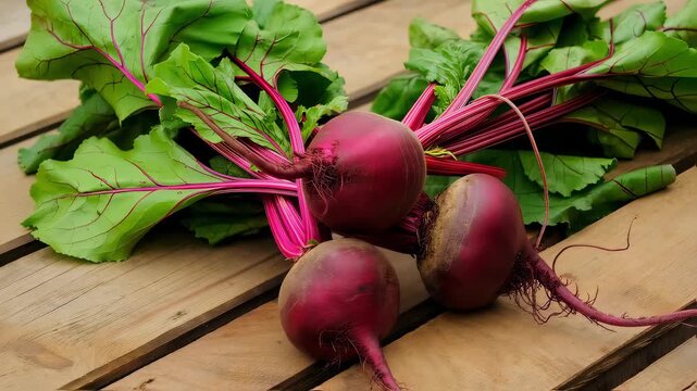 Fresh beets with vibrant greens. These nutritious vegetables are perfect for salads, roasting, and juicing. Enjoy their earthy flavor and health benefits while enhancing your meals with color and tast
