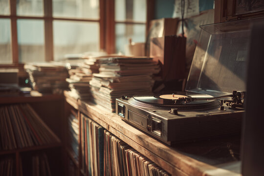Vintage turntable playing a vinyl record on a wooden desk with warm ambient light. Classic analog music equipment creating a nostalgic and cozy atmosphere, clean indoor photography, no people.
