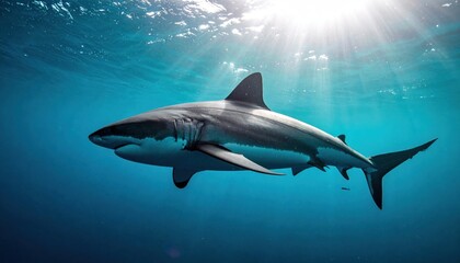 Obraz premium Great White Shark Swimming in the Ocean Depths with Sunlight.