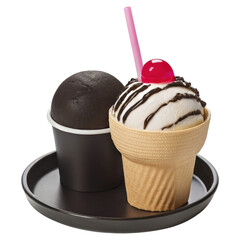 Delightful ice cream cones on a pristine white background featuring a chocolate treat and a classic sundae