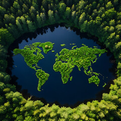 Aerial view of world map formed by greenery in a lake surrounded by forest