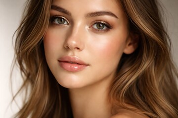Obraz premium Close up portrait of beautiful young woman with natural makeup and glowing skin looking at camera