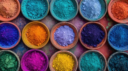 Bright powders fill small pots at a market. Vendors sell these colors for celebrations. People gather to buy them for their events.