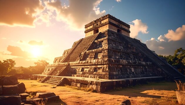 Ancient Mesoamerican step pyramid bathed in the golden light of a setting sun. Dramatic sky and surroundings