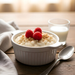 Delicious Breakfast Bowl of Creamy Oatmeal with Fresh Raspberries and Cinnamon on a Wooden Table with a Glass of Milk