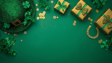 Overhead fantasy St. Patrick's motif, with shamrocks, folklore hat, riches coins, packaged gifts, festal specs, bow tie, lucky charm horseshoe, glitter, laid out on green base, space for text reserved