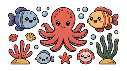 Obraz premium Joyful Marine Life: A vibrant illustration showcasing a collection of adorable sea creatures, including a playful octopus, smiling fish, and other charming marine elements.