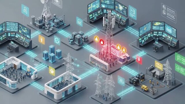 Isometric visualization of interconnected smart grid infrastructure featuring control centers, communication towers, and power distribution monitoring systems