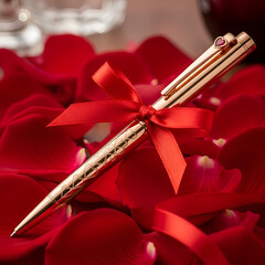 Luxury Rose Gold Pen with Heart Design and Red Ribbon on Red Rose Petals