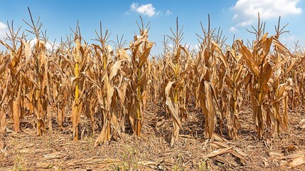 Brown withered stalks of dried corn stand in a sunlit field under a blue sky with scattered clouds