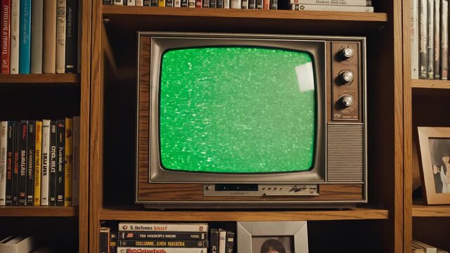 Vintage TV in Bookshelf with Photos