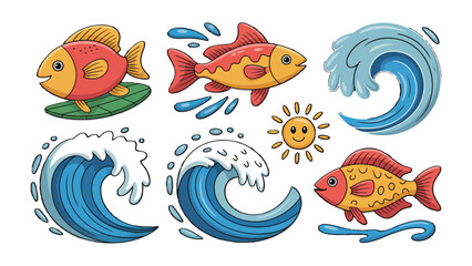 Ocean's whimsical: Charming illustrations of playful fish frolic amidst ocean waves, with a radiant sun adding a touch of cheer. © Hasib