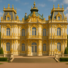Obraz premium Ornate yellow palace with intricate details and green dome exterior 