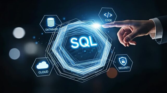 Person's hand touching the SQL concept for the idea of technology and database.