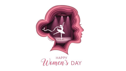 Happy women's day illustration with dancer in pink head silhouette on white background