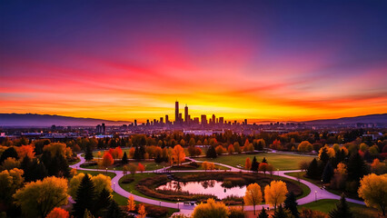 Vibrant city skyline at sunset with lush park