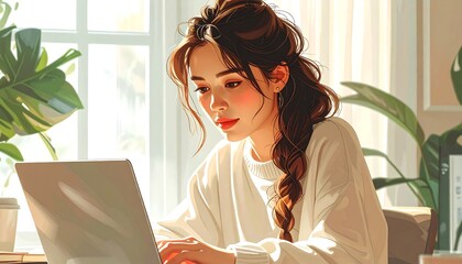 Woman Concentrating on Laptop in Bright, Plant-Filled Room.